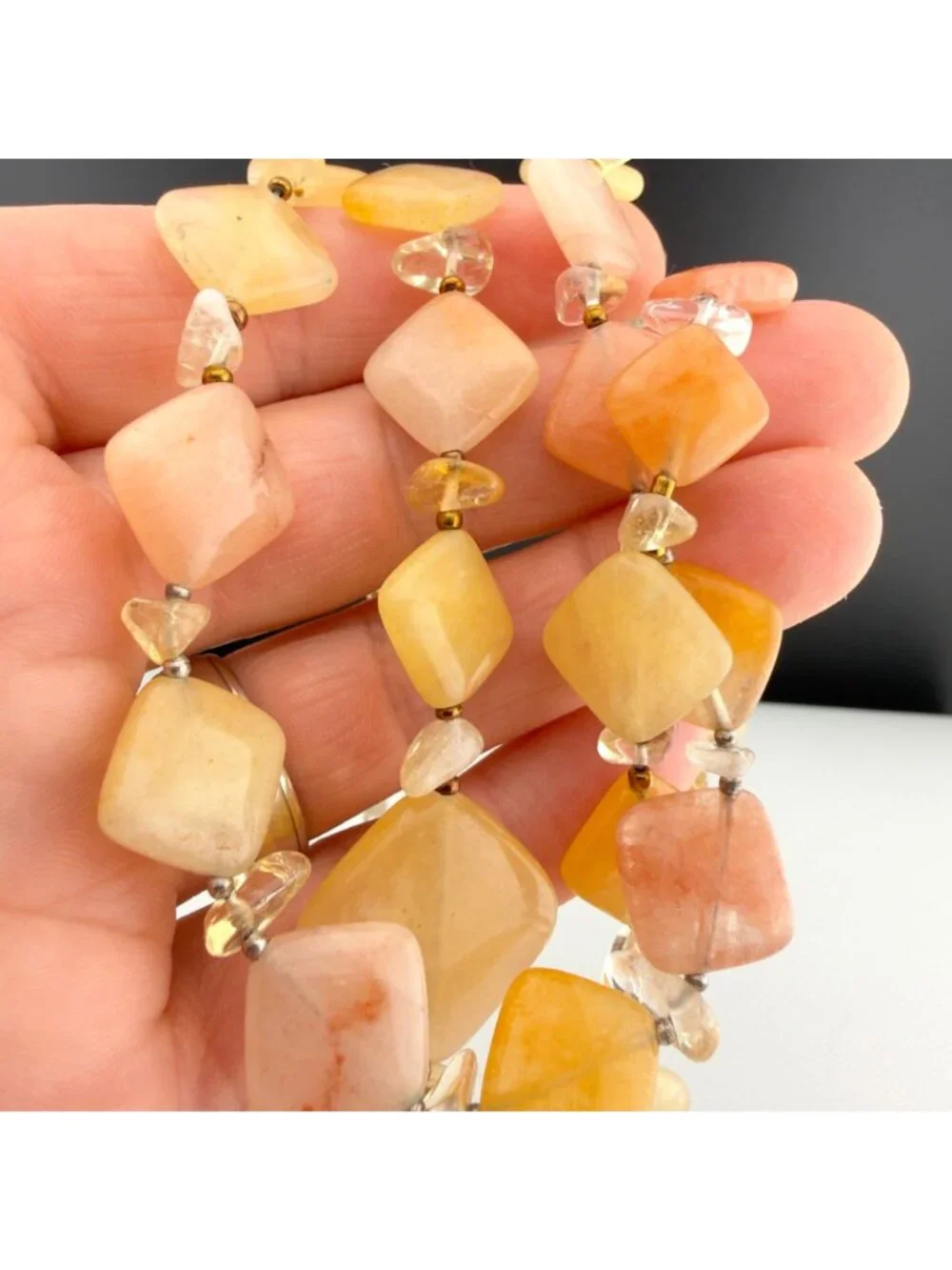Natural Stone Beaded Necklace Double Strand Yellow Peach Sterling Silver Clasp
